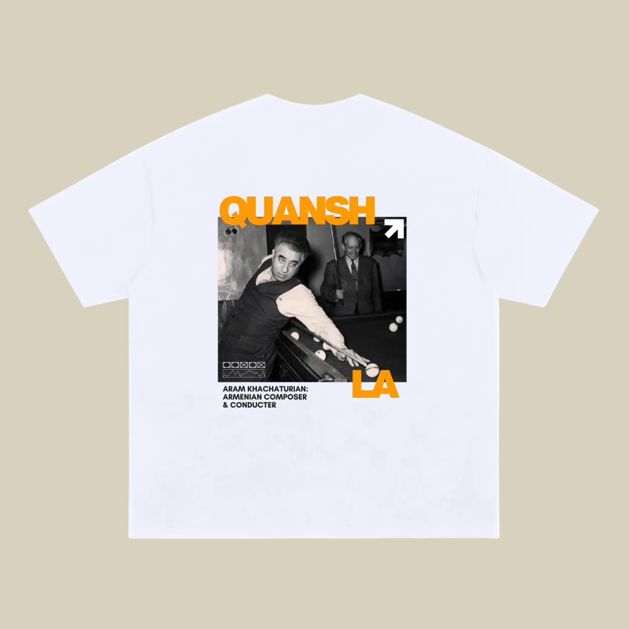 White t-shirt with a graphic design featuring QUANSH LA and a black and white image of Aram Khachatryan playing billiard.